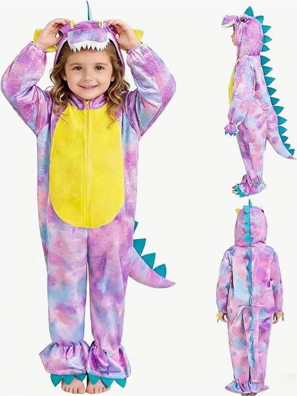 Kids Purple Tie-Dye Dinosaur Costume with Yellow Belly